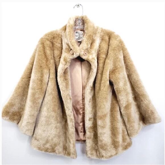 Anthropologie Tulle Camel Gold Vintage Inspired Faux Fur Coat size small - Picture 4 of 6